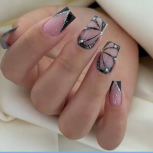 Black pink rhinestone press on nails glossy medium square